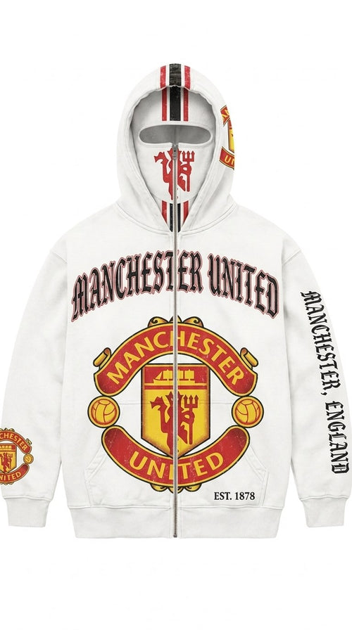Manchester United MatchWorn zip-over-face hoodie, vintage-wash white, club crest on the face panel and chest