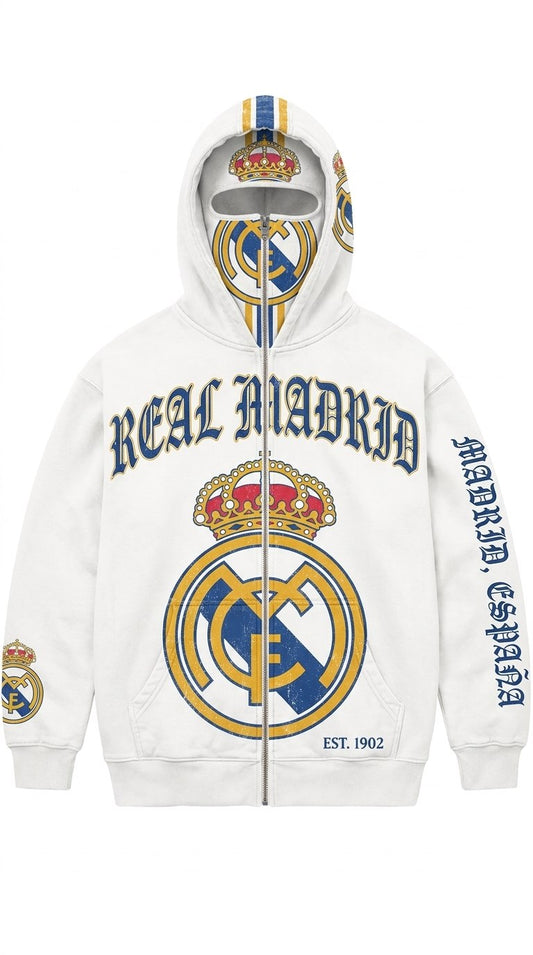 Real Madrid MatchWorn zip-over-face hoodie in white with the crowned club monogram on the face panel and chest