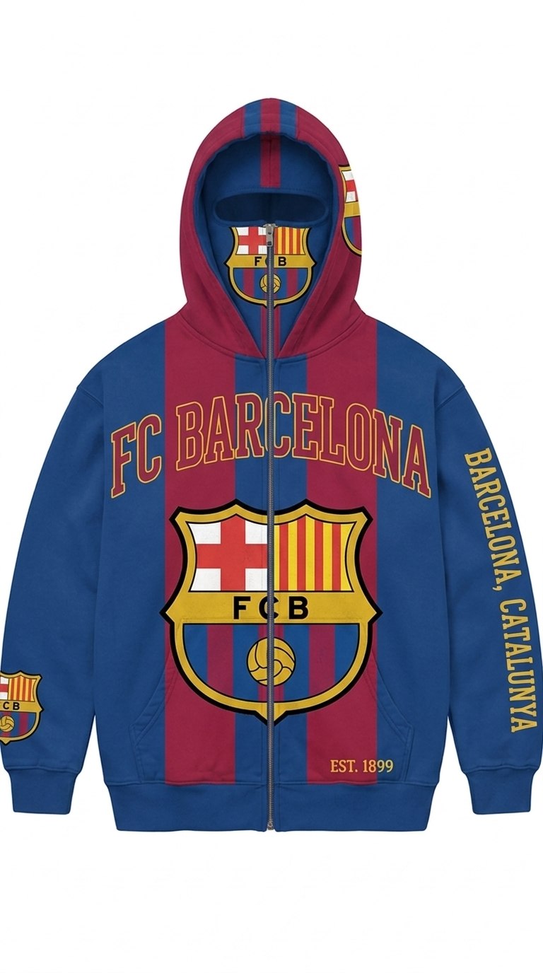 FC Barcelona MatchWorn zip-over-face hoodie in blaugrana stripes, FCB crest on the face panel