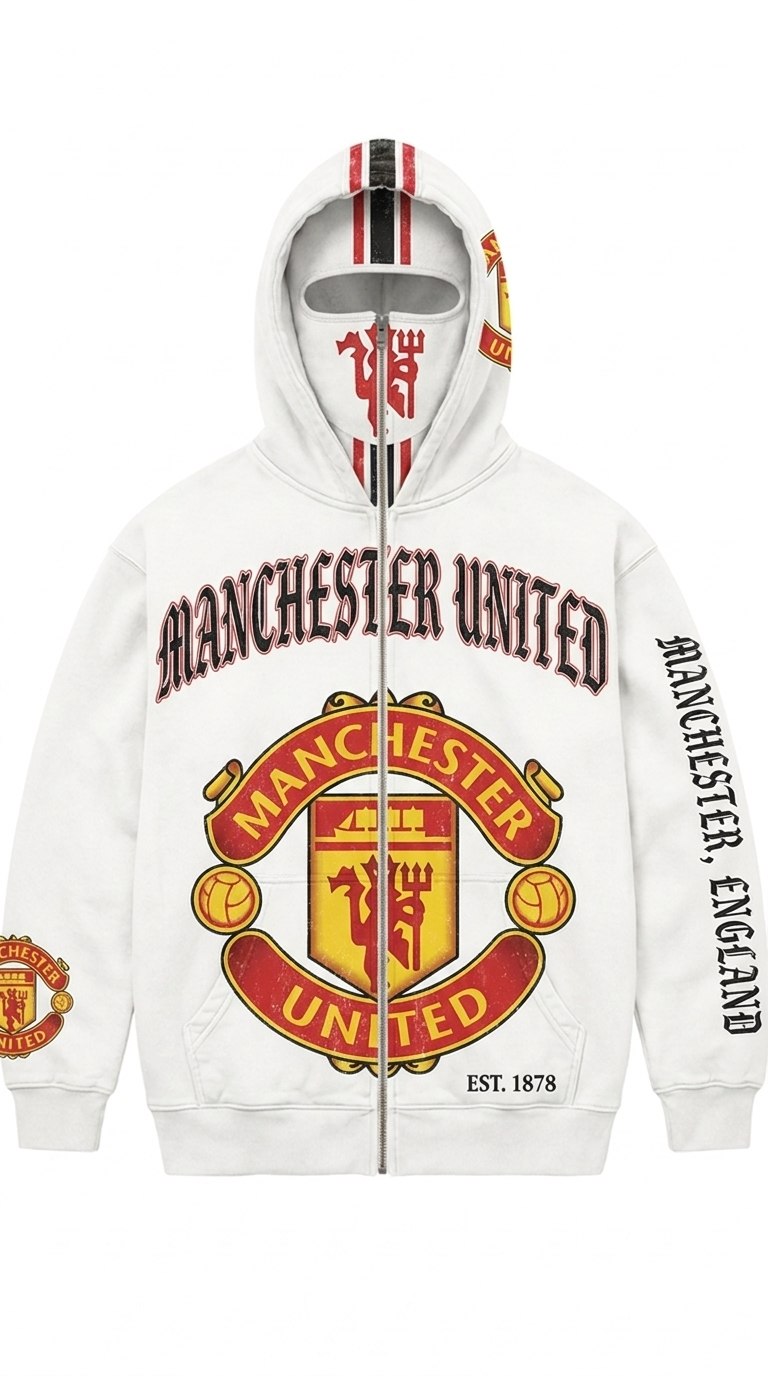 Manchester United MatchWorn zip-over-face hoodie, vintage-wash white, crest on the face panel
