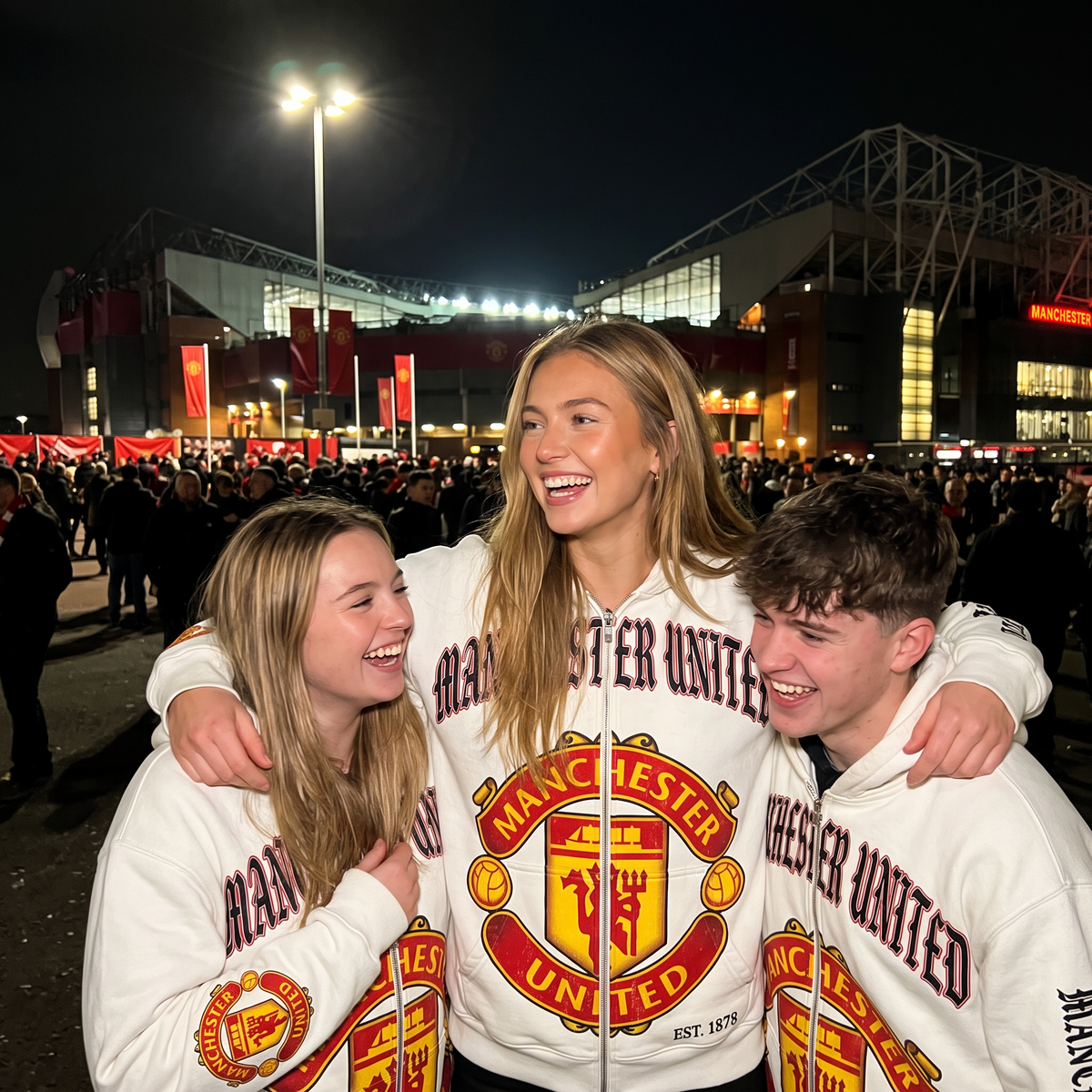 Three friends wearing the Manchester United MatchWorn hoodie at the ground