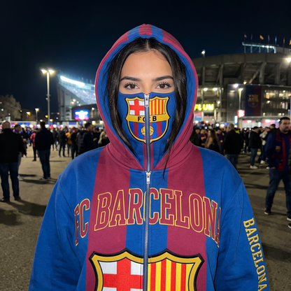 FC Barcelona MatchWorn hoodie zipped fully up, FCB crest across the face panel