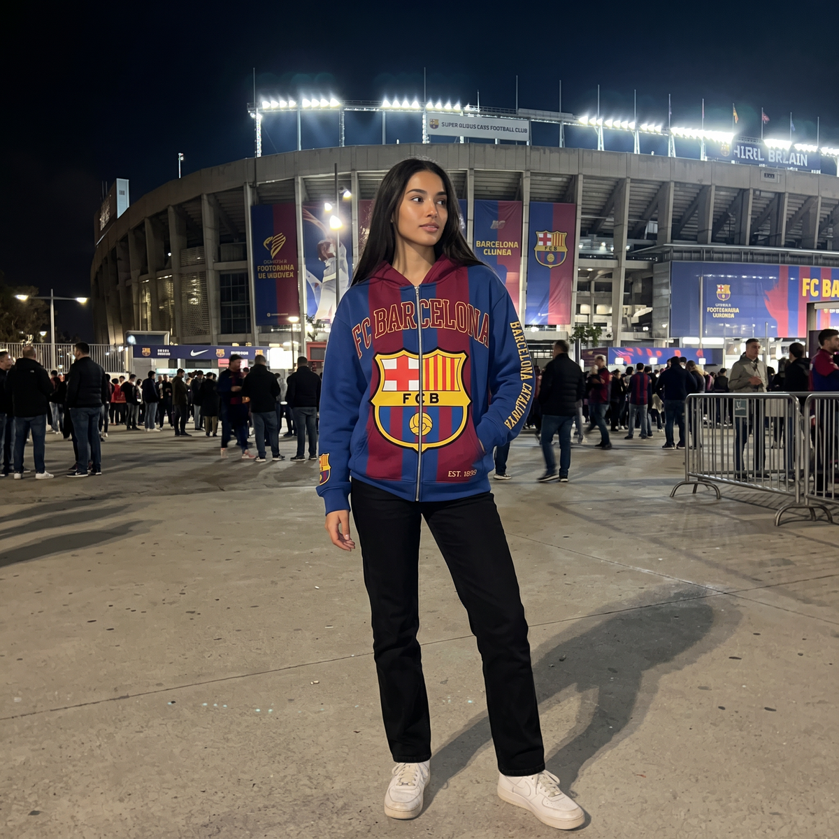 Full-length view of the FC Barcelona MatchWorn hoodie worn outside the stadium