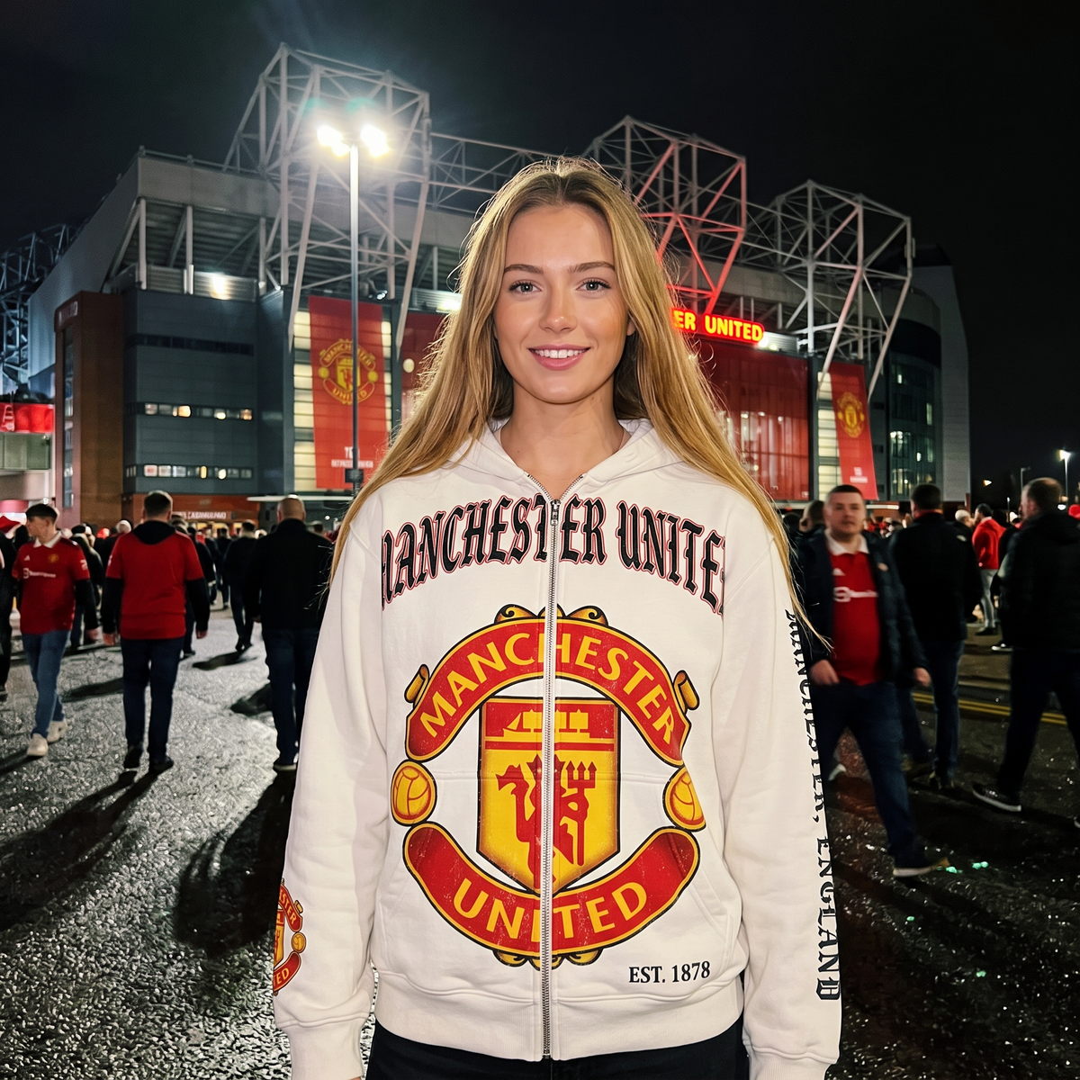 Manchester United MatchWorn hoodie worn outside the stadium at night