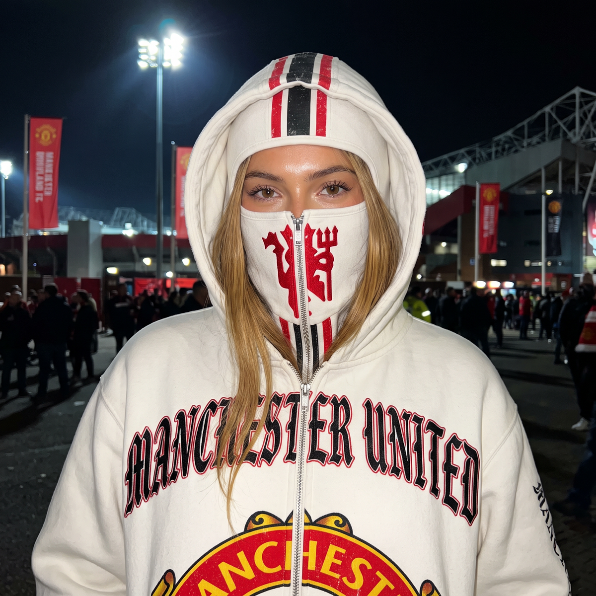 Manchester United MatchWorn hoodie zipped fully up, club crest across the face panel